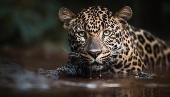 Majestic big cat staring, striped fur, wild beauty in nature generated by AI photo