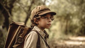 A young boy exploring the forest, smiling and looking away generated by AI photo