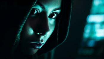 un joven mujer belleza brilla en el oscuro, misterioso noche generado por ai foto