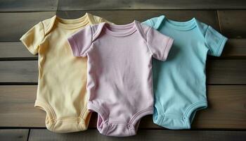 Cute baby in a striped shirt on a wooden table generated by AI photo