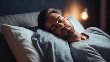 un cansado hombre descansa pacíficamente en un cómodo dormitorio a noche generado por ai foto