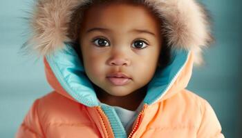 Cute child in winter clothing, smiling outdoors, looking at camera generated by AI photo