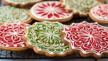 Homemade gingerbread cookies, decorated with powdered sugar and colorful icing generated by AI photo