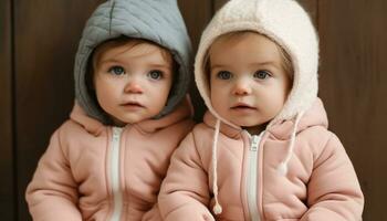 Cute baby boy and girl smiling, looking at camera indoors generated by AI photo