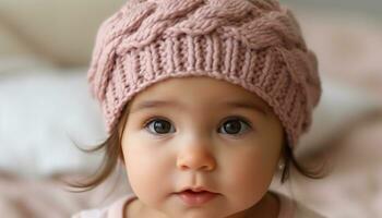 linda bebé chica, sonriente, mirando a cámara, calentar invierno gorra generado por ai foto