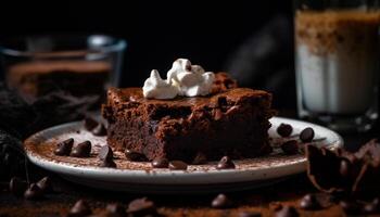 A gourmet dessert on a rustic table chocolate brownie and coffee generated by AI photo