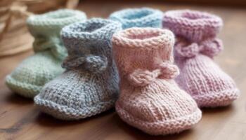 Soft blue baby booties, knitted with love for a cozy winter generated by AI photo