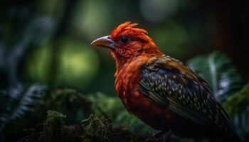 A vibrant rooster perching on a branch in the forest generated by AI photo