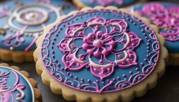 Homemade chocolate cookies with ornate icing decoration, a sweet indulgence generated by AI photo