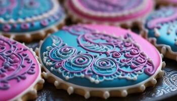 Homemade baked cookie with chocolate icing, decorated with colorful candy generated by AI photo