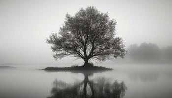 Lonely tree reflects tranquil scene in foggy autumn landscape generated by AI photo