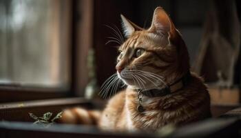 Cute kitten sitting by window, staring with curious yellow eyes generated by AI photo