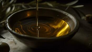 Pouring golden olive oil into a fresh, organic, gourmet bowl generated by AI photo