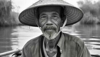 A smiling fisherman in traditional clothing enjoys a tranquil rural scene generated by AI photo