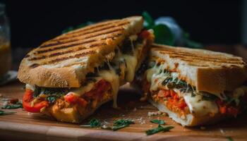 A la parrilla gastrónomo emparedado en tostado un pan con Fresco vegetales y carne generado por ai foto