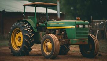 Farmers working outdoors, harvesting crops with agricultural machinery in summer generated by AI photo