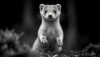 A cute, small, black and white puppy playing in the grass generated by AI photo