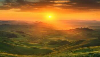 Tranquil sunset over rolling meadows, a picturesque rural landscape generated by AI photo