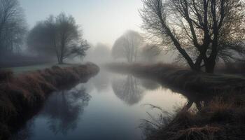 Tranquil scene foggy forest reflects autumn beauty in nature generated by AI photo