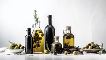 Fresh green olives on a branch, nature healthy cooking oil generated by AI photo