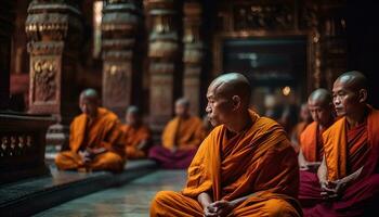 Buddhist monk meditating, sitting in row, orange robe, ancient pagoda generated by AI photo