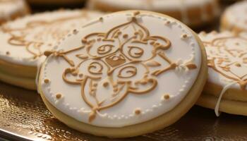 Homemade sugar cookies with chocolate icing, a sweet winter treat generated by AI photo