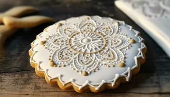 Homemade rustic cookies on wooden table, decorated with ornate icing generated by AI photo