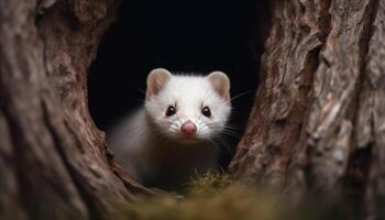 Cute furry ferret sitting on a branch, looking at camera generated by AI photo