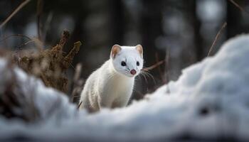 Cute mammal in snow, looking at camera, small and fluffy generated by AI photo