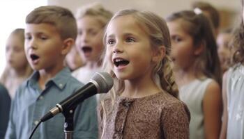 sonriente muchachas cantando, Niños jugando instrumentos, creando alegre musical actuación generado por ai foto