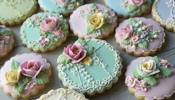 Homemade gourmet dessert pink flower cookie with yellow icing decoration generated by AI photo