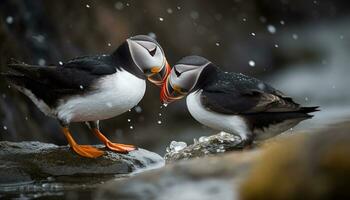 Puffin and seagull, side view, on snowy cliff by water generated by AI photo