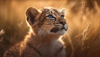 Bengala tigre, majestuoso y feroz, miradas dentro el dorado puesta de sol generado por ai foto