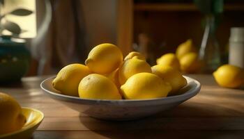 Fresco amarillo limón rebanada en rústico de madera mesa, sano y jugoso generado por ai foto