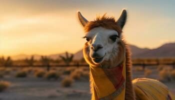 Camel gazes at sunset, showcasing nature beauty in Africa generated by AI photo