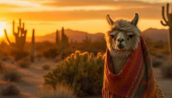 Sunset over the mountain, an alpaca grazes in the rural scene generated by AI photo