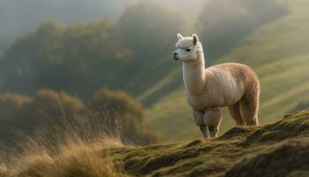 Cute alpaca grazing on green meadow, looking at camera generated by AI photo