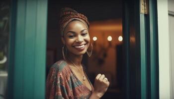 A young woman smiling, exuding confidence and happiness, looking at camera generated by AI photo