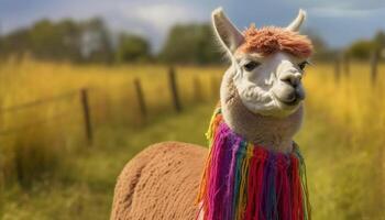 linda alpaca pasto en verde césped en rural granja generado por ai foto