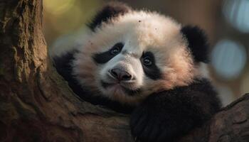 linda panda sentado en un árbol rama, mirando a cámara generado por ai foto