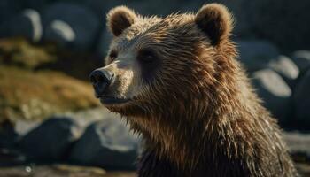 majestuoso oso pardo oso en el salvaje, mirando a cámara, fuerte generado por ai foto