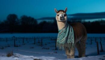 linda alpaca pasto en Nevado prado, rodeado por tranquilo naturaleza generado por ai foto