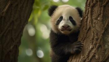 linda panda sentado en un árbol rama, mirando a cámara generado por ai foto