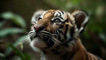 Bengala tigre, feroz y majestuoso, miradas dentro el cámara generado por ai foto
