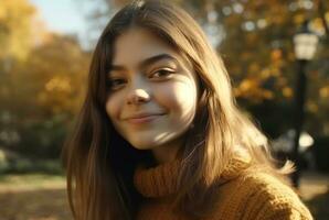 sonriente niña en otoño, felicidad en naturaleza, linda retrato generado por ai foto
