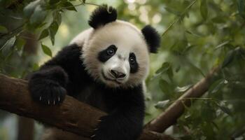 Cute panda in nature, sitting on a tree, eating bamboo generated by AI photo