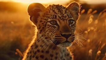 Majestic cheetah in the wild, staring with alertness, cute and dangerous generated by AI photo