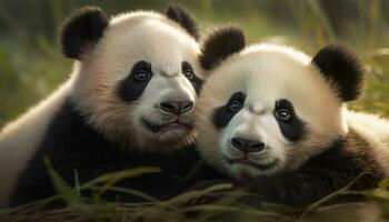 Cute panda cub playing in the grass, looking at the camera generated by AI photo