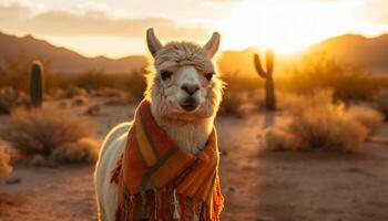 linda alpaca en el atardecer, mirando a cámara, rodeado por naturaleza generado por ai foto