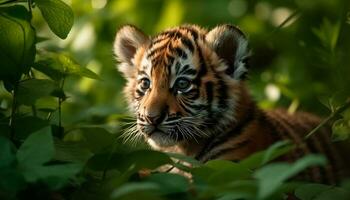 Tiger in the wild, striped fur, staring, beauty in nature generated by AI photo